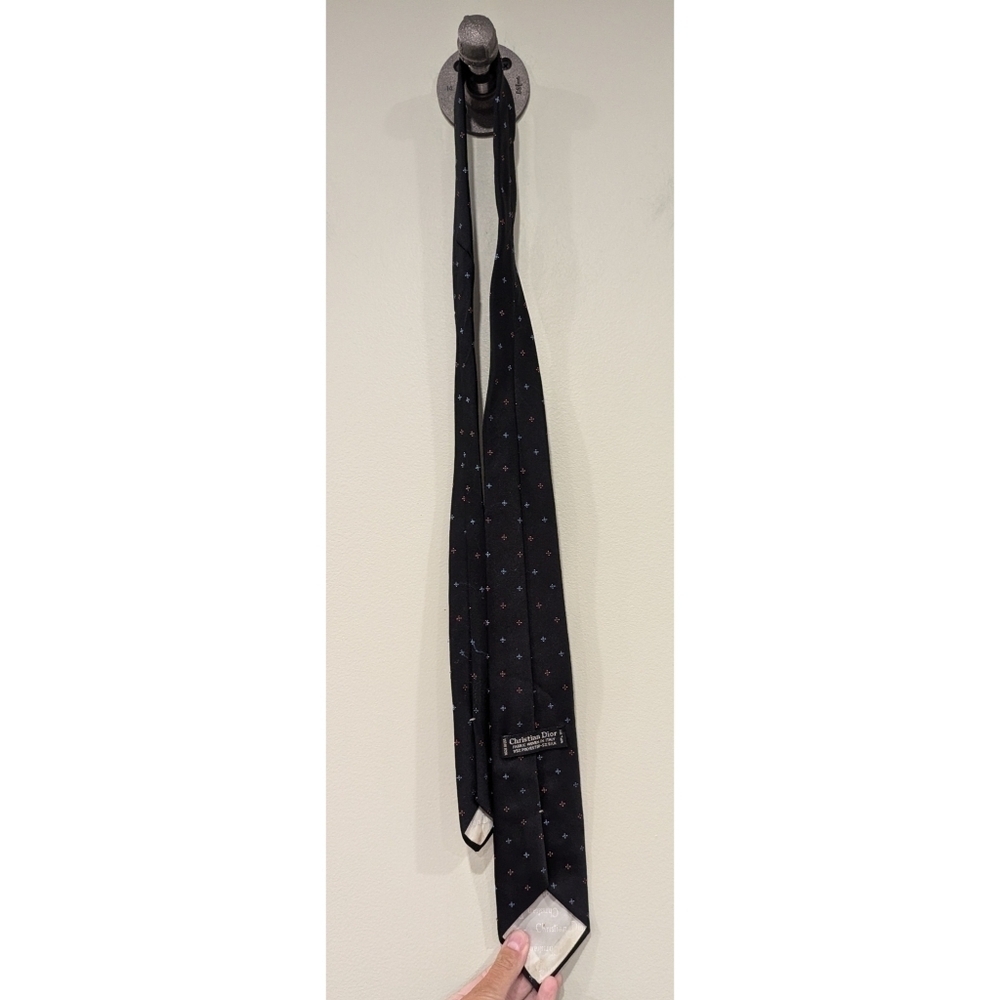 Christian Dior Black Silk Blend Tie with Blue and Red Print - Picture 3 of 5